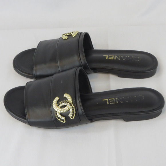 Chanel Black Leather CC Pearl Crystal Logo Slide Sandals Flat Shoes EU 38 US 8 - Picture 5 of 13